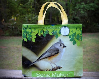 Bird Seed Tote, Recycled Feedsack, Feed Sack Bag, Green Bird Tote, Bird Seed Bag, Feedsack Tote, Grocery Bag, Feedsack Bag, Small Gift Bag
