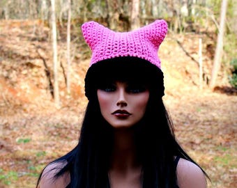 Black Pink Hat, Pink Beanie Hat, Black Cat Hat, Black Beanie, Womens Cat Hat, Cat Ears Hat, Cat Hat, Black Hat, Chunky Hat, Cat Ears Beanie