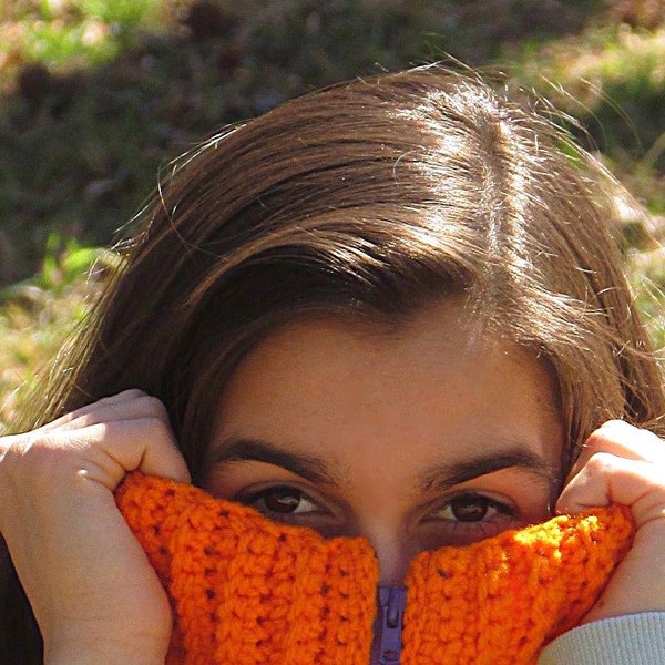 Orange Neckwarmer, Orange Scarf, Zippered Cowl, Orange and Purple, Halloween, Purple Zipper, Tiger Scarf, Purple and Orange, Orange Neck Sca