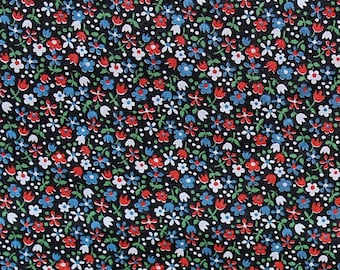 Black Floral Calico, Black Floral Fabric, 18 In x 43 In, Floral Stripe Fabric, Red Rose Flowers, White Daisy Fabric, Tiny Flower Fabric