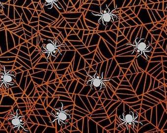 Orange Spider Fabric, Orange Web Fabric, Cob Web Fabric, 18 x 44, Black and Orange, Halloween Fabric, Black Background, Halloween Decor