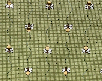 Bee Fabric, Honey Bee Fabric, 17 in x 44 Wide, Cotton Fabric, Green White Yellow, Honeybee Fabric, Lightweight Fabric, Home Decor, Bee Line