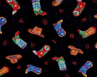 Cowboy Fabric, 18 in x 44 in, Cowboy Boots Fab, Cowboy Hat Fabric, Cowboy Theme, Cotton Fabric, Black Background, Cranston Print Works, Boot