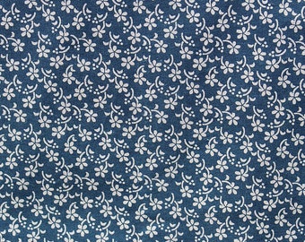 Blue Floral Fabric, Blue Calico Fabric, 32 in x 43 Wide, Cotton Fabric, Blue White Floral, Retro Floral Fabric, White Flower Fabric, Blue