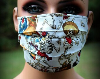 Fabric Face Mask, Skeletons on White, Skull Mask, Skeletons, Halloween Mask, Halloween Skull, Day of Dead Mask, Reusable Mask, Black White