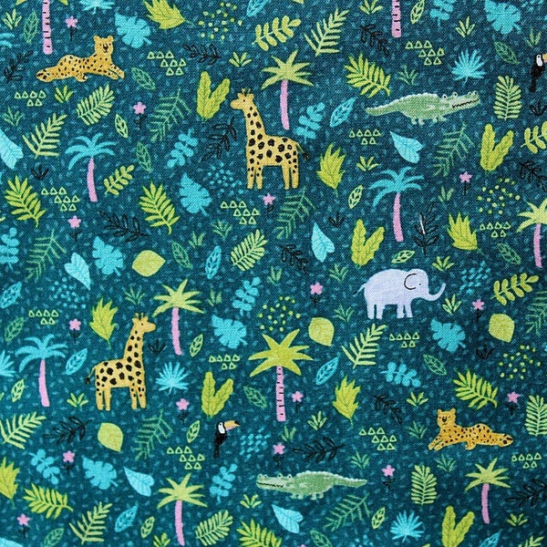 Animal Fabric, 18 In x 44 In, Green Background, Elephant Fabric, Giraffe Fabric, B98 Cafe P101, Brother Sister, Design Studios, Exotic Bird
