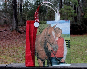 Equine Tote Bag, Horse Tote, Red Tote, Feed Sack Bag, Recycled Feedsack, Horse Feedsack, Feedsack Tote, Grocery Bag, Feedsack Bag, Plastic