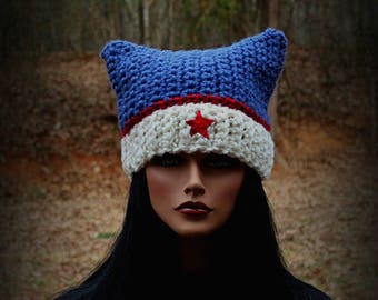 USA Beanie Hat, Blue Beanie, Womens Cat Hat, Cat Ears Hat, Cat Hat, Red White Blue, Red Star Hat, Chunky Hat, Cat Ears Beanie, Cat Beanie