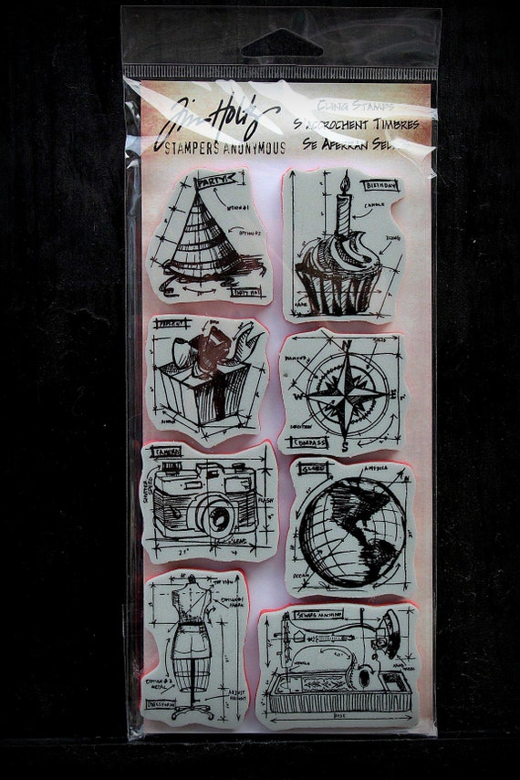 Blueprint Assortment, Tim Holtz Stamps, Scrapbook Stamps, Cling Stamps,  Cupcake Stamp, Party Hat Stamp, Sewing Machine Stamp, THJ001, Rubber 