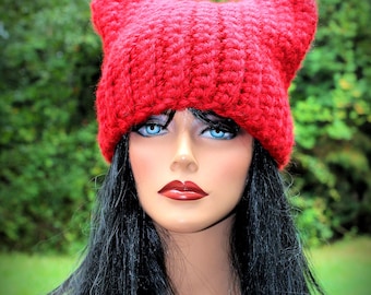 Red Cat Hat, Red Beanie, Womens Cat Hat, Cat Ears Hat, Cat Hat, Christmas Hat, Burgundy Hat, Chunky Hat, Cat Ears Beanie, Cat Beanie