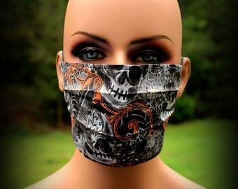 Fabric Face Mask, Skulls With Orange, Skull Mask, Face Mask, Halloween Mask, Skulls Mask, Facial Mask, Reusable Mask, Dust Mask, Cloth