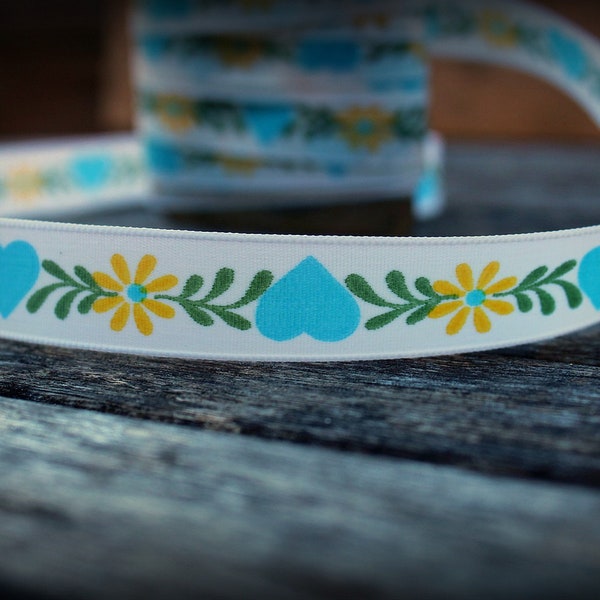 Blue Heart Ribbon, 6 and a Half Yards, 5 Eights Inch Wide, Blue Green Ribbon, Blue Heart Trim, Blue and White, Yellow Flowers, Blue White