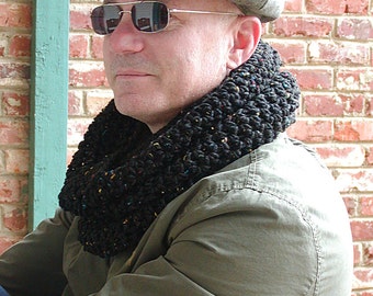 Black Cowl, Black Scarf, Mens Scarf, Black Fleck Scarf, Black Neckwarmer, Crochet Cowl, Neck Cowl, Neckwarmer, Retro Scarf, Crocheted Scarf