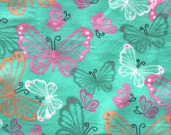 Butterfly Fabric, 28 in x 40 in, Pink Butterfly, Butterflies Flannel, Pink Green Fabric, Cotton Fabric, Pink Orange White, Colorful Butter