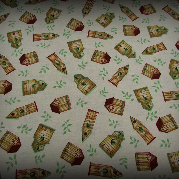 Birdhouse Fabric, Ecru Fabric, 1 Yard, Cotton Fabric, Birdhouses, Calico Material, Cotton, Green Brown Red, Cotton Material, Signature Class