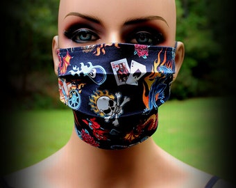 Fabric Face Mask, Black Tattoo Mask, Tattoo Mask, Face Mask, Black Mask, Red Devil Mask, Facial Mask, Reusable Mask, Skull Mask, Motorcycle