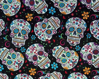 Sugar Skull Fabric, Floral and Skulls, 18 in x 44 in, Sugar Skulls Fabric, Cotton Fabric, Black and Blue, Black Background, Day Of The