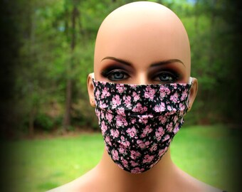 Fabric Face Mask, Black and Pink Roses, Pink Floral Mask, Face Mask, Pink Flowers Mask, Mouth Nose Mask, Facial Mask, Reusable Mask, Dust