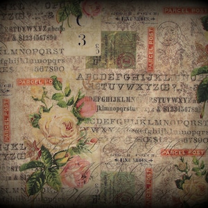 May include: A decorative paper sheet featuring a beige background with repeating alphabet letters, numbers, and the text Parcel Post. The design includes illustrations of pink and yellow roses with green leaves and vintage-style typography.