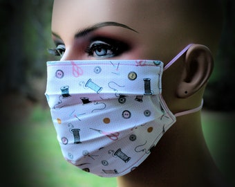 Pale Pink Mask, Pink Mask, Sewing Mask, Sewing Notions Mask, Pink White Mask, Face Mask, Pink, Facial Mask, Reusable Mask, Seamstress Mask