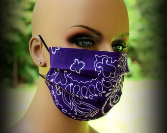 Fabric Face Mask, Dark Purple Mask, Bandana Mask, Purple White Mask, Face Mask, Purple Bandana Print, Purple Mask, Facial Mask, Reusable