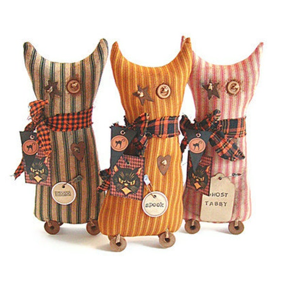 Cat Shelf Sitters, Halloween, Cat, Decoration, Primitive Shelf Sitter, Ticking Fabric, Green, Mustard, Red, Primitive, Trio