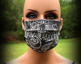 Fabric Face Mask, Gray Bandana Mask, Gray Mask, Gray Black Mask, Face Mask, Dusting Mask, Mouth Nose Mask, Facial Mask, Reusable Mask, Dust