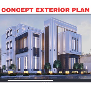 Puede incluir: Una representación arquitectónica moderna de un edificio de varios pisos con una fachada blanca, acentuada por elementos grises oscuros y marrones. El texto "CONCEPT EXTERIOR PLAN" se muestra en rojo en la parte superior. El diseño incluye grandes ventanas y paisajismo.