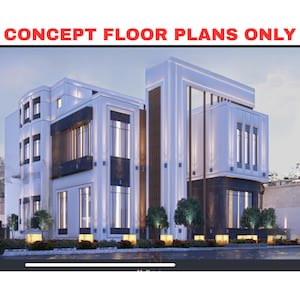 May include: A modern architectural rendering of a multi-story building with the text "CONCEPT FLOOR PLANS ONLY" in red. The building features a white facade, large windows, and dark accents. Landscaping includes small trees and illuminated planters.