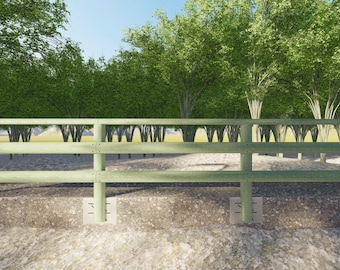 May include: A green wooden fence with three horizontal rails. The fence is in front of a row of trees.