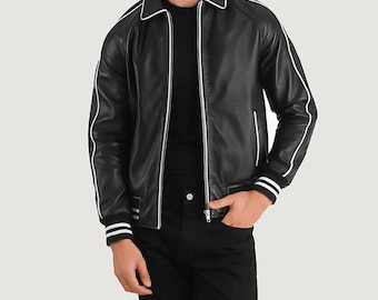 Men’s Black Full Grain Cowhide Leather Varsity Bomber Jacket White Stripe Genuine Leather Coat