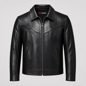 Schwarze Herren-Lederjacke mit Python-Prägung, Schlangenleder-Luxus, exotischer Stil, handgefertigter Mantel