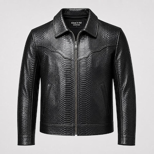 Chaqueta de cuero negro con relieve de pitón para hombre, estilo exótico de lujo, hecha a mano.