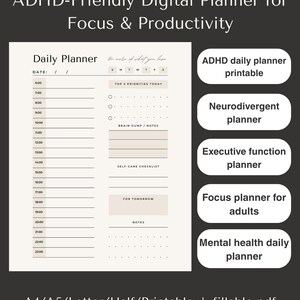 ADHD-Friendly Digital Planner for Focus | Printable Daily Planner PDF | Executive Function Organizer | Instant Download
