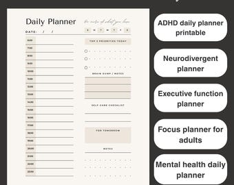May include: A digital planner with a minimalist design, featuring sections for daily schedules, priorities, and notes. The planner includes the text "ADHD-Friendly Digital Planner for Focus & Productivity" and is available in A4, A5, Letter, and Half sizes.