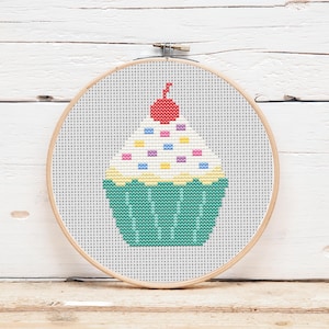 May include: Cross-stitch embroidery of a cupcake with a cherry on top, displayed in a wooden embroidery hoop. The cupcake has a teal base, yellow frosting, and colorful sprinkles. The background is white.