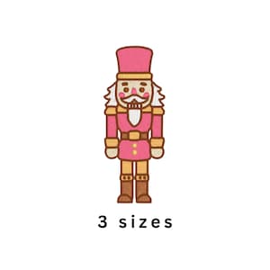 May include: Embroidered pink nutcracker soldier with gold accents, wearing a tall hat and holding a mustache. The text "3 sizes" is below the image. This design is perfect for holiday crafts and decor.