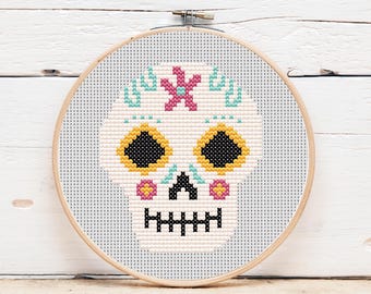 Mini patrón de punto de cruz de Halloween mexicano del Día de Muertos de Sugar Skull