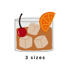 May include: An embroidered patch design of a glass filled with a brown liquid, three light beige ice cubes, a bright red cherry with a black stem, and an orange slice garnish. The text 3 sizes is printed in black below the illustration.