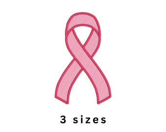 Puede incluir: Un lazo de concienciación de color rosa claro con un borde bordado en rosa más oscuro. El lazo presenta un patrón de bordado texturizado en toda su superficie. Debajo del lazo, el texto 3 sizes está impreso en una fuente negra sin remates.