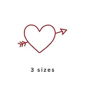May include: A red heart with an arrow through it, set against a white backdrop. The words "3 sizes" are beneath the heart and arrow design. The image is a simple graphic illustration, perfect for Valentine's Day.