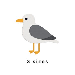 May include: An embroidered seagull patch featuring a white head and body, a dark gray wing, a bright yellow beak, and yellow feet. The bird is depicted in profile facing left with a small black eye. The text 3 sizes is printed below the bird.