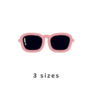 May include: An embroidered patch shaped like sunglasses with a light pink frame and dark black lenses. The left lens features a small white highlight to indicate reflection. The text 3 sizes is printed in black below the sunglasses graphic.
