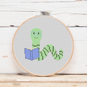 Book Worm Reading Lover Mini Cross Stitch Pattern