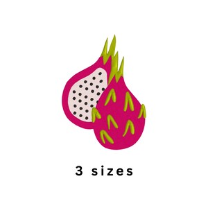 May include: A graphic illustration of a dragon fruit, featuring one whole fruit and one halved fruit with white flesh and black seeds. The fruit has a vibrant pink skin with bright green scales. The text below the fruit reads 3 sizes.