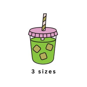 May include: A digital illustration of a clear plastic cup filled with a bright green liquid and three light brown ice cubes. The cup has a pink ridged lid and a striped straw. Below the cup, the text 3 sizes is printed in black font.