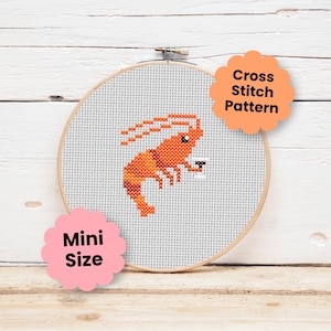 May include: A round wooden embroidery hoop containing white Aida fabric with a cross stitch design of an orange shrimp holding a small white cocktail glass. The text Cross Stitch Pattern and Mini Size appear in orange and pink scalloped bubbles.