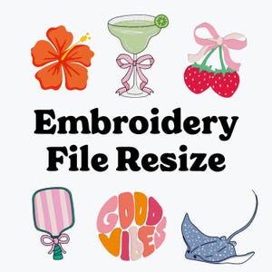 Puede incluir: Una colección de diseños de bordado coloridos que incluyen una flor de hibisco, una margarita, fresas con un lazo, una paleta, un gráfico de "Good Vibes" y una manta raya. También está presente el texto "Embroidery File Resize".