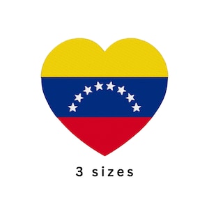 Peut inclure: Un motif en forme de cœur représentant le drapeau du Venezuela. Il est divisé en jaune, bleu avec des étoiles blanches et rouge. Le texte "3 tailles" est affiché en dessous.