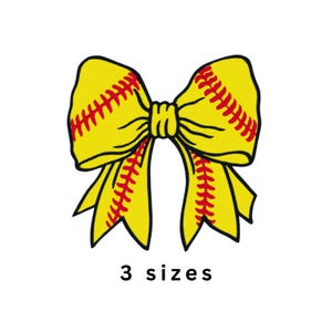 Könnte beinhalten: Gelbe Softball-Schleife mit roten Nahtdetails. Die Schleife ist in der Mitte gebunden und in drei Größen erhältlich, wie durch den Text unten angegeben. Ein Accessoire für Softballspielerinnen.